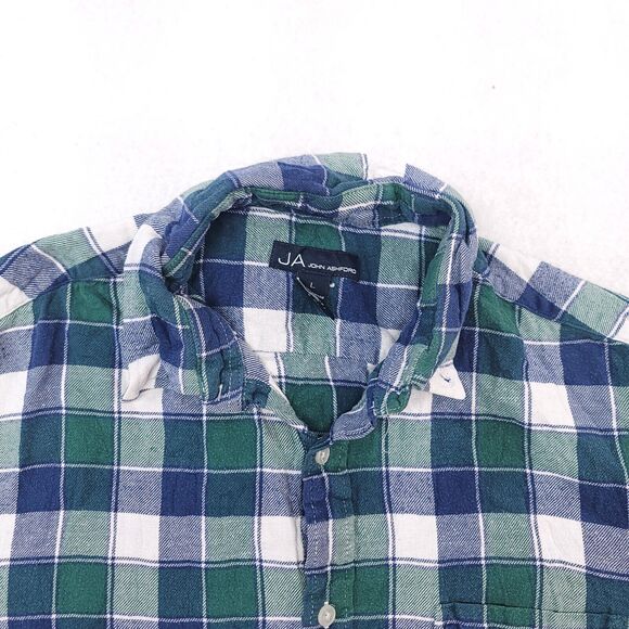 John Ashford Gingham Flannel Casual Button Up Shirt Mens Size L Blue Green White - Picture 1 of 10